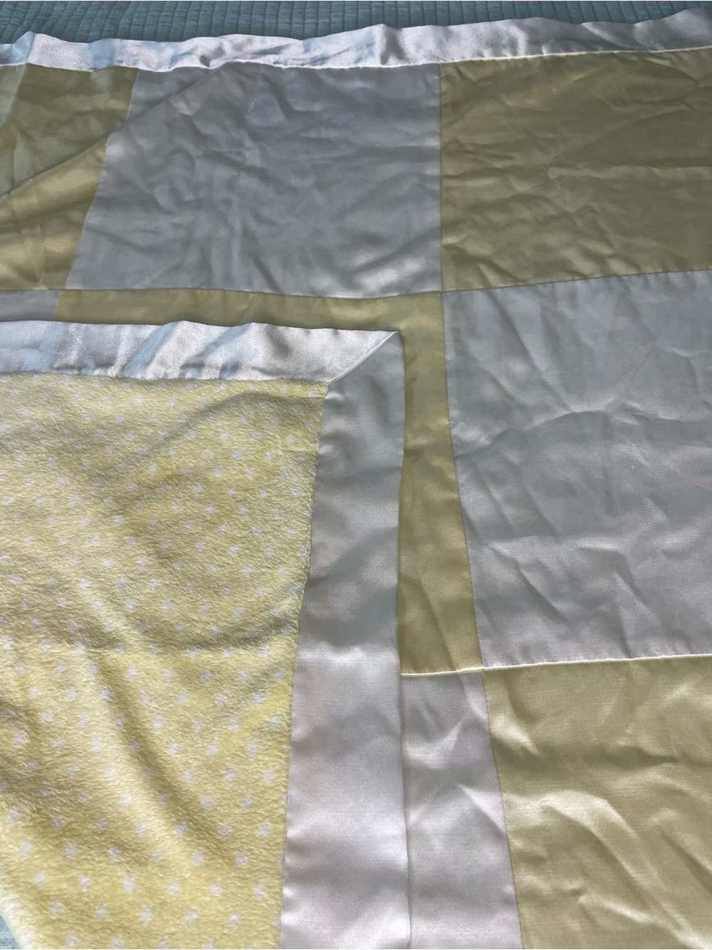 Angel Dear Vintage 2004 Funbath Patchwork Baby Blanket Yellow White Satin Trim
